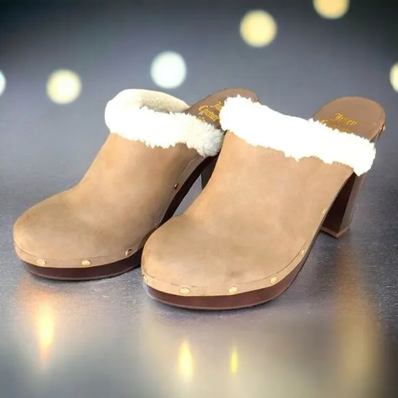Juicy Couture tan suede leather white fur mule