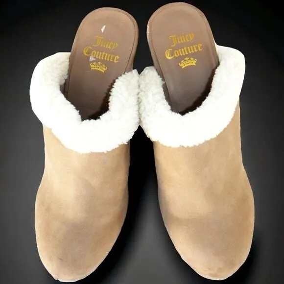 Juicy Couture tan suede leather white fur mule