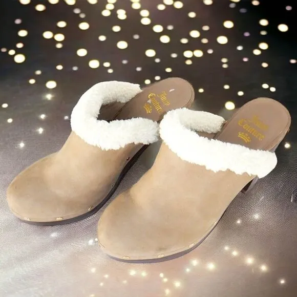 Juicy Couture tan suede leather white fur mule