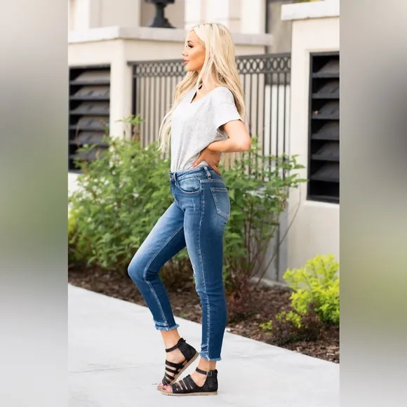 Kancan double frayed hem high rise skinny denim jeans