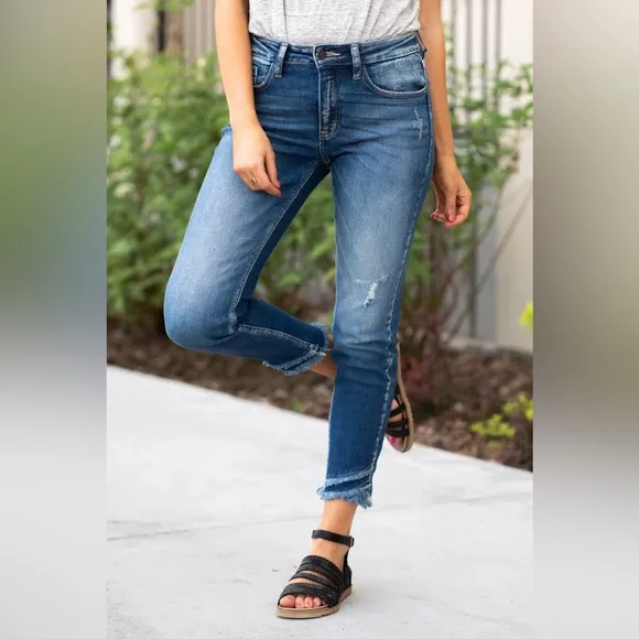 Kancan double frayed hem high rise skinny denim jeans
