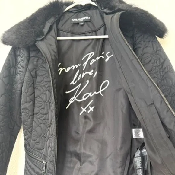 Karl Lagerfeld Paris Quilted Jacket Black Faux Fur Collar Zip Up Women’s S