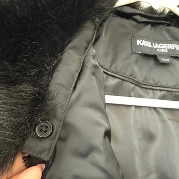 Karl Lagerfeld Paris Quilted Jacket Black Faux Fur Collar Zip Up Women’s S