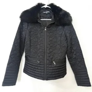 Karl Lagerfeld Paris Quilted Jacket Black Faux Fur Collar Zip Up Women’s S