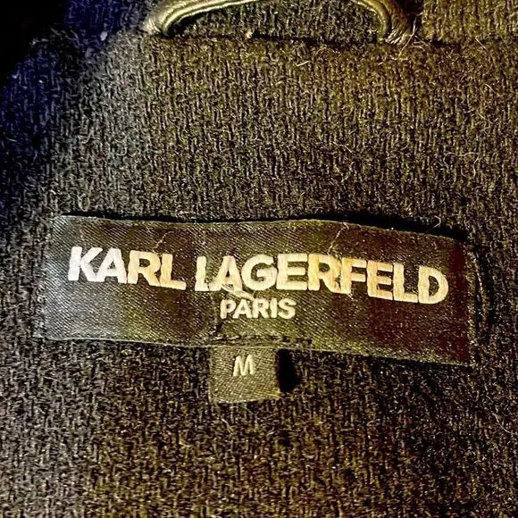 KARL LAGERFELD PARIS Faux Leather Trimmed Wool Walker Coat in Black M