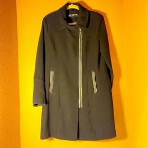 KARL LAGERFELD PARIS Faux Leather Trimmed Wool Walker Coat in Black M