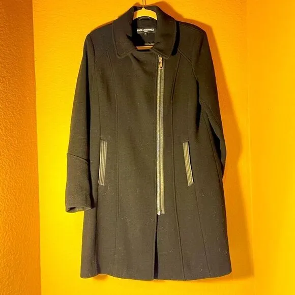 KARL LAGERFELD PARIS Faux Leather Trimmed Wool Walker Coat in Black M
