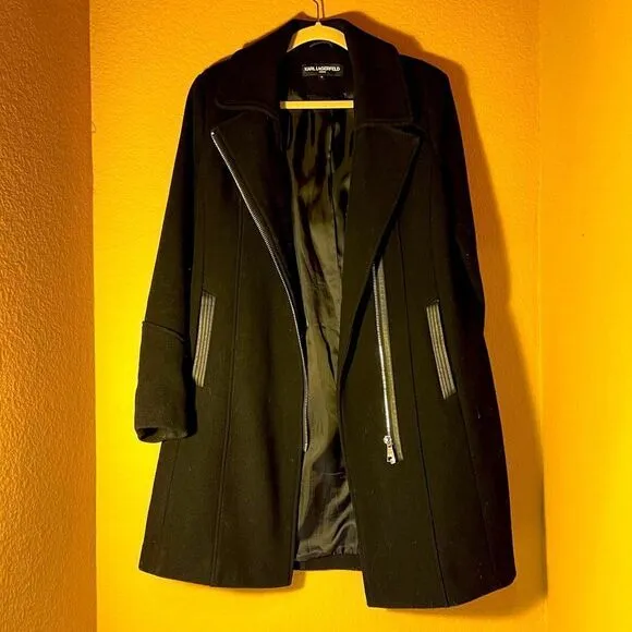 KARL LAGERFELD PARIS Faux Leather Trimmed Wool Walker Coat in Black M