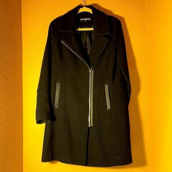 KARL LAGERFELD PARIS Faux Leather Trimmed Wool Walker Coat in Black M