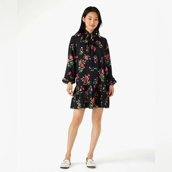 ♠️kate spade Autumn Floral Tie Neck Dress, Black NWT