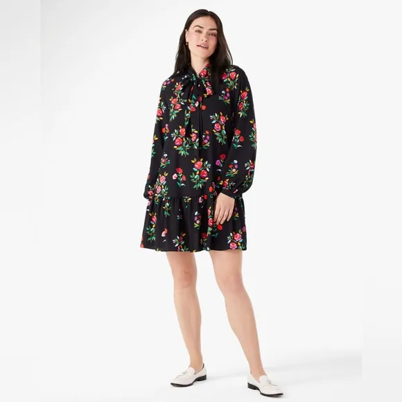 ♠️kate spade Autumn Floral Tie Neck Dress, Black NWT