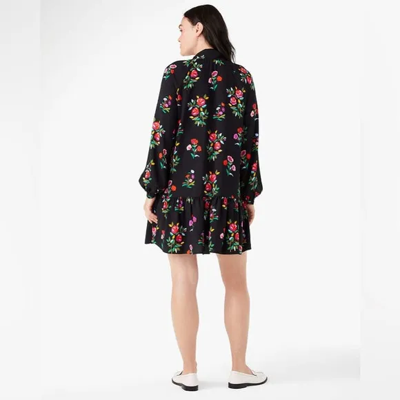 ♠️kate spade Autumn Floral Tie Neck Dress, Black NWT