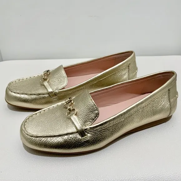 KATE SPADE Bergman Metallic Pale Gold Leather Loafer Comfortable Flat Dress Shoe