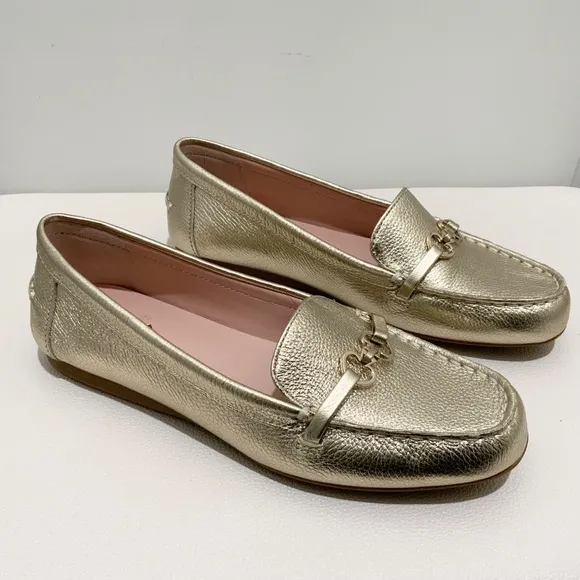 KATE SPADE Bergman Metallic Pale Gold Leather Loafer Comfortable Flat Dress Shoe