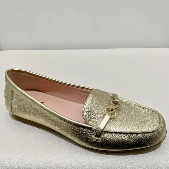 KATE SPADE Bergman Metallic Pale Gold Leather Loafer Comfortable Flat Dress Shoe