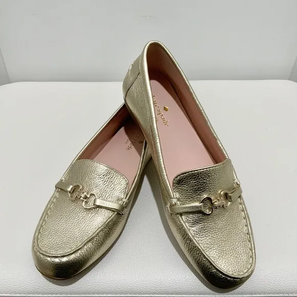 KATE SPADE Bergman Metallic Pale Gold Leather Loafer Comfortable Flat Dress Shoe