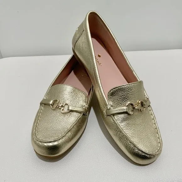 KATE SPADE Bergman Metallic Pale Gold Leather Loafer Comfortable Flat Dress Shoe