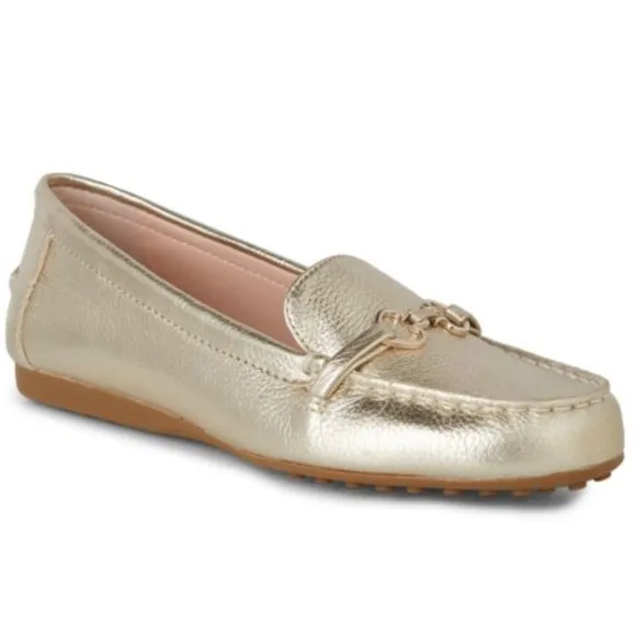 KATE SPADE Bergman Metallic Pale Gold Leather Loafer Comfortable Flat Dress Shoe