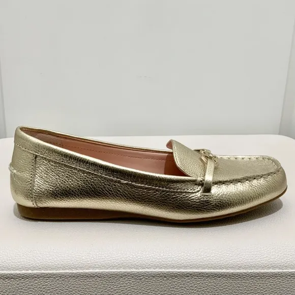 KATE SPADE Bergman Metallic Pale Gold Leather Loafer Comfortable Flat Dress Shoe