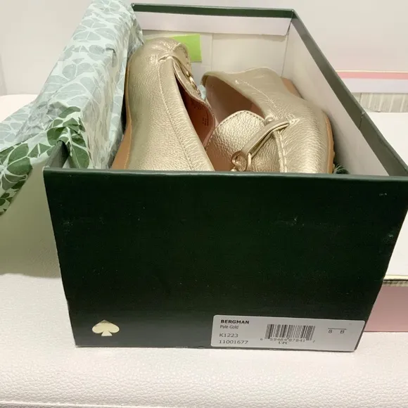 KATE SPADE Bergman Metallic Pale Gold Leather Loafer Comfortable Flat Dress Shoe