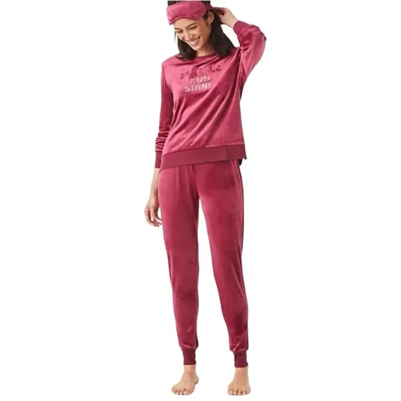 ♠️kate spade Velour Embroidered Jogger 3-Piece PJs Set Inc Eyemask, Burgundy NWT