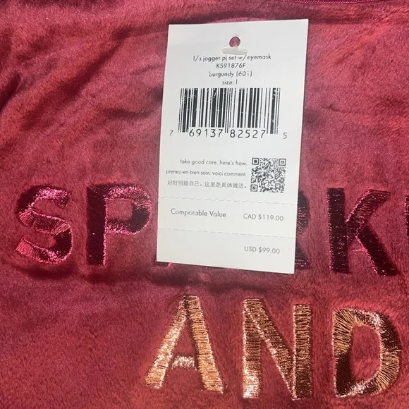 ♠️kate spade Velour Embroidered Jogger 3-Piece PJs Set Inc Eyemask, Burgundy NWT