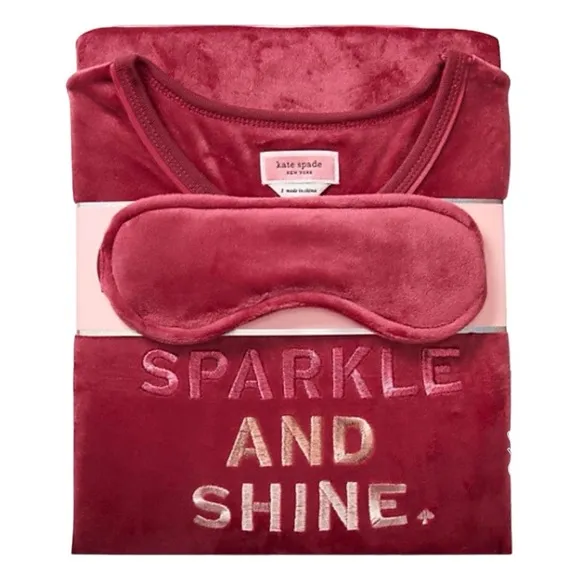 ♠️kate spade Velour Embroidered Jogger 3-Piece PJs Set Inc Eyemask, Burgundy NWT
