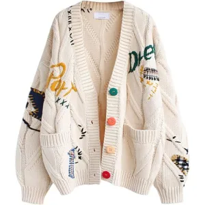 Knit Womens Cream Cardigan Sheep V-Neck Wool Blend Sweater Coat Outwear