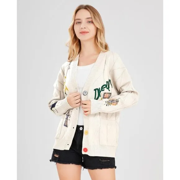 Knit Womens Cream Cardigan Sheep V-Neck Wool Blend Sweater Coat Outwear