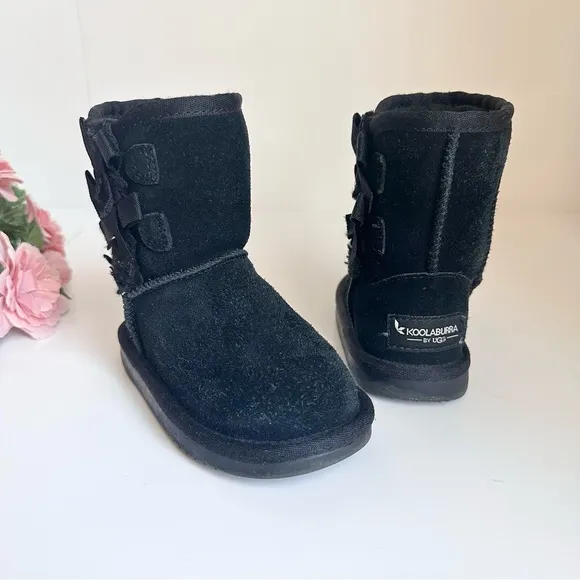 Koolaburra by UGG Victoria Black Suede Leather Side Bow Toddler Girl Short Boots