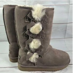 Koolaburra by UGG Victoria Tall Gray Suede Boots with Fur Pom Bows Winter‎