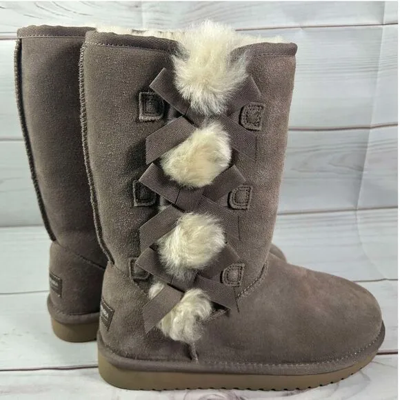 Koolaburra by UGG Victoria Tall Gray Suede Boots with Fur Pom Bows Winter‎