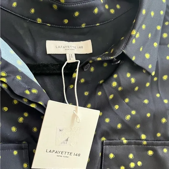 Lafayette 148 Doha Navy &amp; Green Polka Dot Shirt Dress Size M