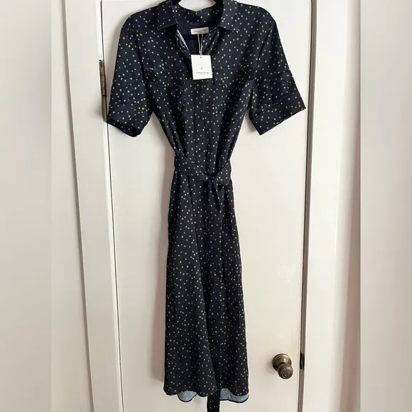 Lafayette 148 Doha Navy &amp; Green Polka Dot Shirt Dress Size M