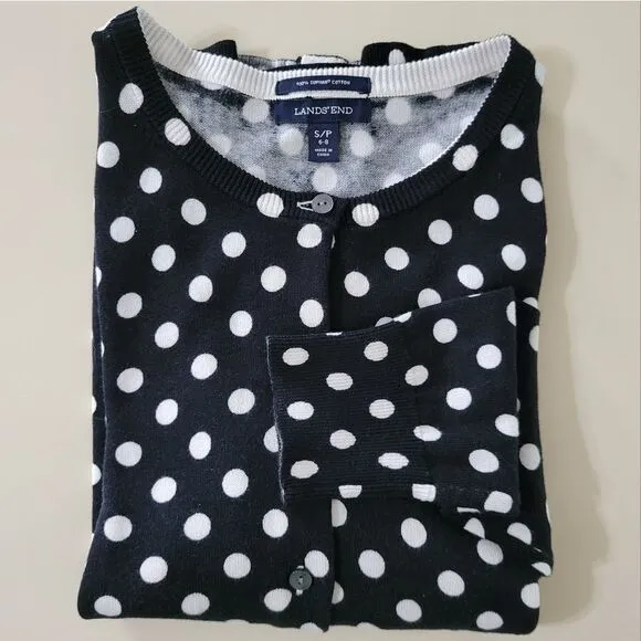 Lands' End Women's Black/Ivory Dot Long Sleeve Cardigan NWOT