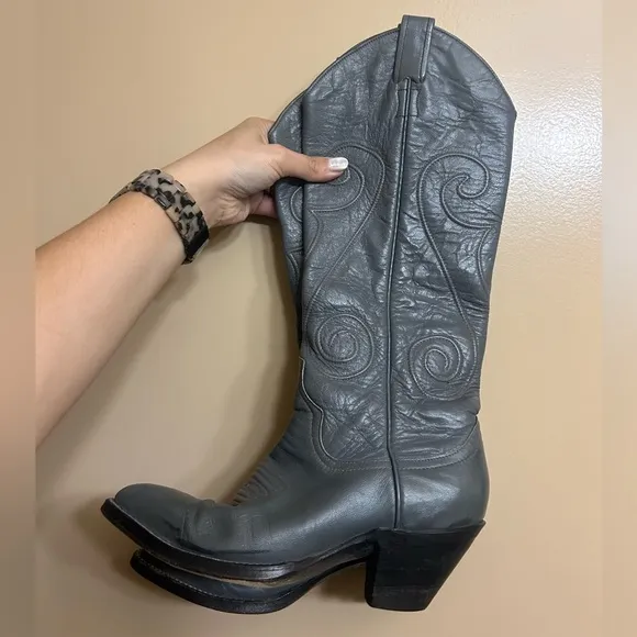 Larry Mahan Gray Leather Cowboy Boots Size 6B Vintage Embroidered Western Women