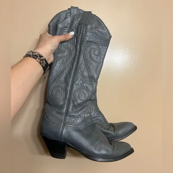 Larry Mahan Gray Leather Cowboy Boots Size 6B Vintage Embroidered Western Women