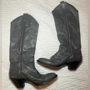 Larry Mahan Gray Leather Cowboy Boots Size 6B Vintage Embroidered Western Women