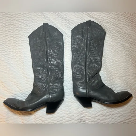 Larry Mahan Gray Leather Cowboy Boots Size 6B Vintage Embroidered Western Women