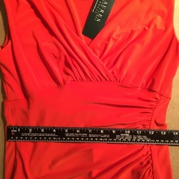LAUREN RALPH LAUREN Empire Ruched Jersey Sheath Dress, Sleeveless, ORANGE,Size10