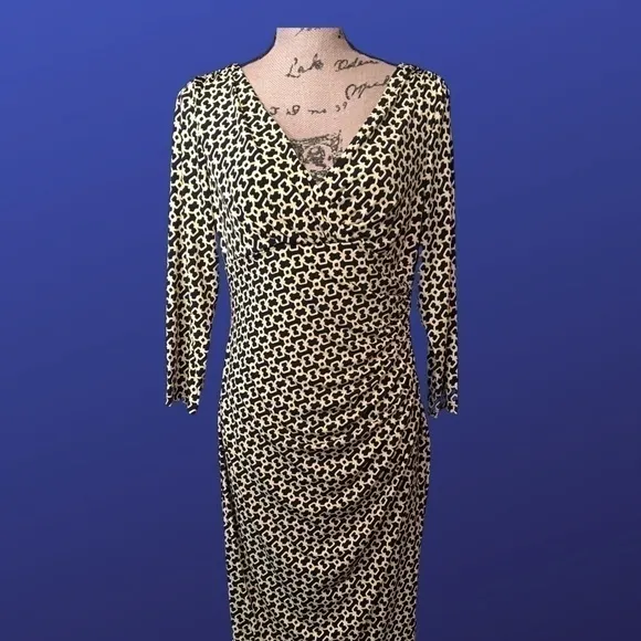 Lauren RALPH LAUREN empire ruched jersey sheath dress,Yellow/white/black, size10