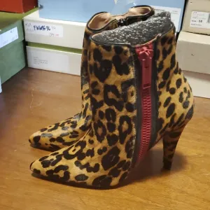 Leopard Print Calfhair Ankle Boots with Red Zipper