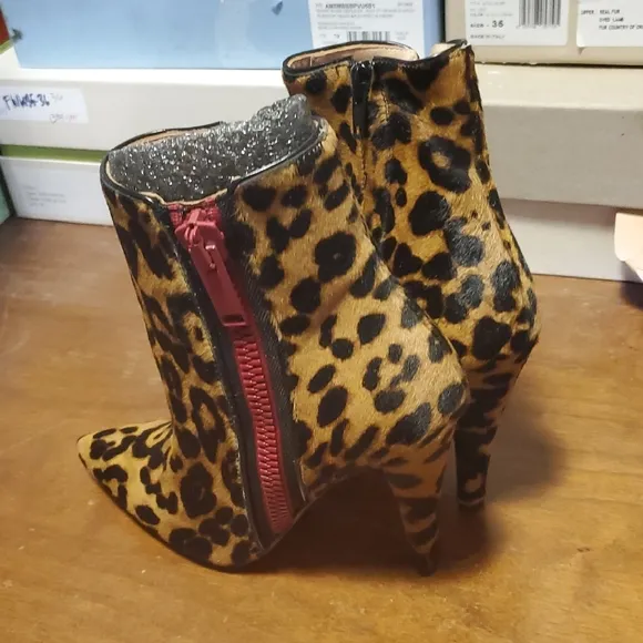 Leopard Print Calfhair Ankle Boots with Red Zipper