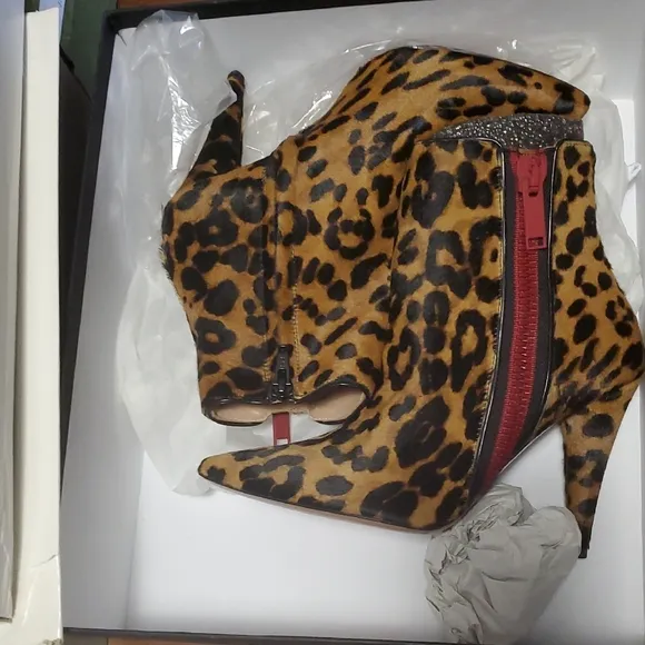Leopard Print Calfhair Ankle Boots with Red Zipper