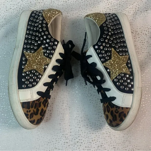 LEOPARD STUD Fashion Sneaker Faux Leather Suede