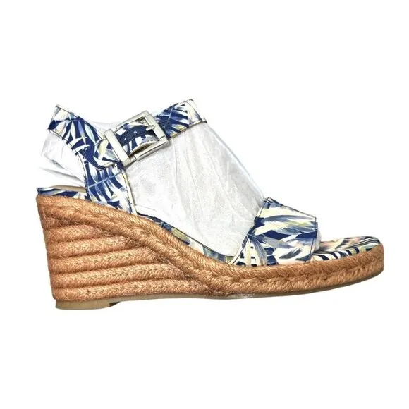 Lifestride Womens Blue Tan Floral Comfort Ankle Strap Wedge Sandals Sz 10 NIB
