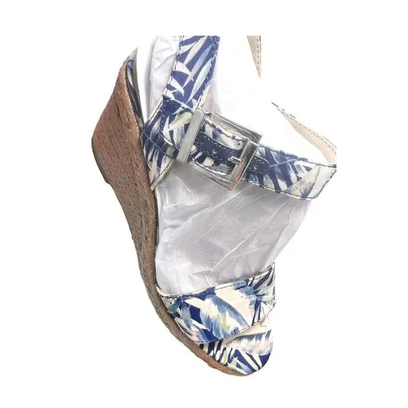 Lifestride Womens Blue Tan Floral Comfort Ankle Strap Wedge Sandals Sz 10 NIB