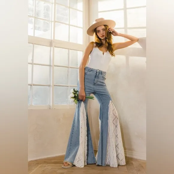 Light wash high rise lace detail mixed media wide leg flare denim boho jeans