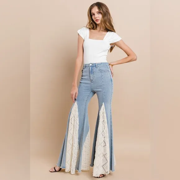 Light wash high rise lace detail mixed media wide leg flare denim boho jeans