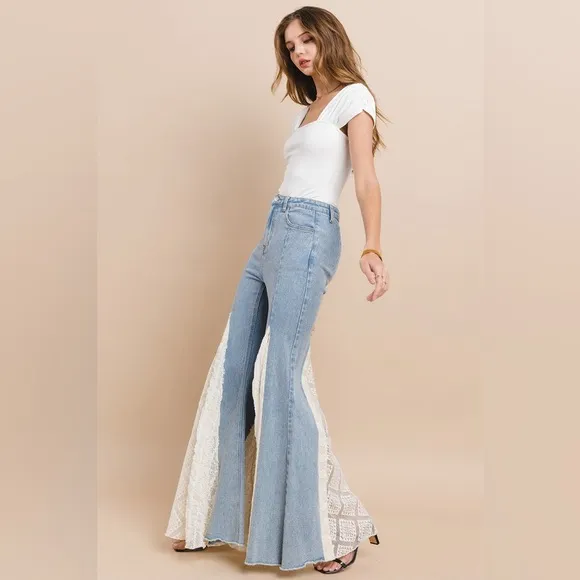 Light wash high rise lace detail mixed media wide leg flare denim boho jeans